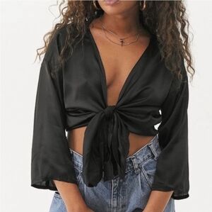 Urban Outfitters Black Satin Tie‑Front Top Large • Y2K Night‑Out Chic Streetwear